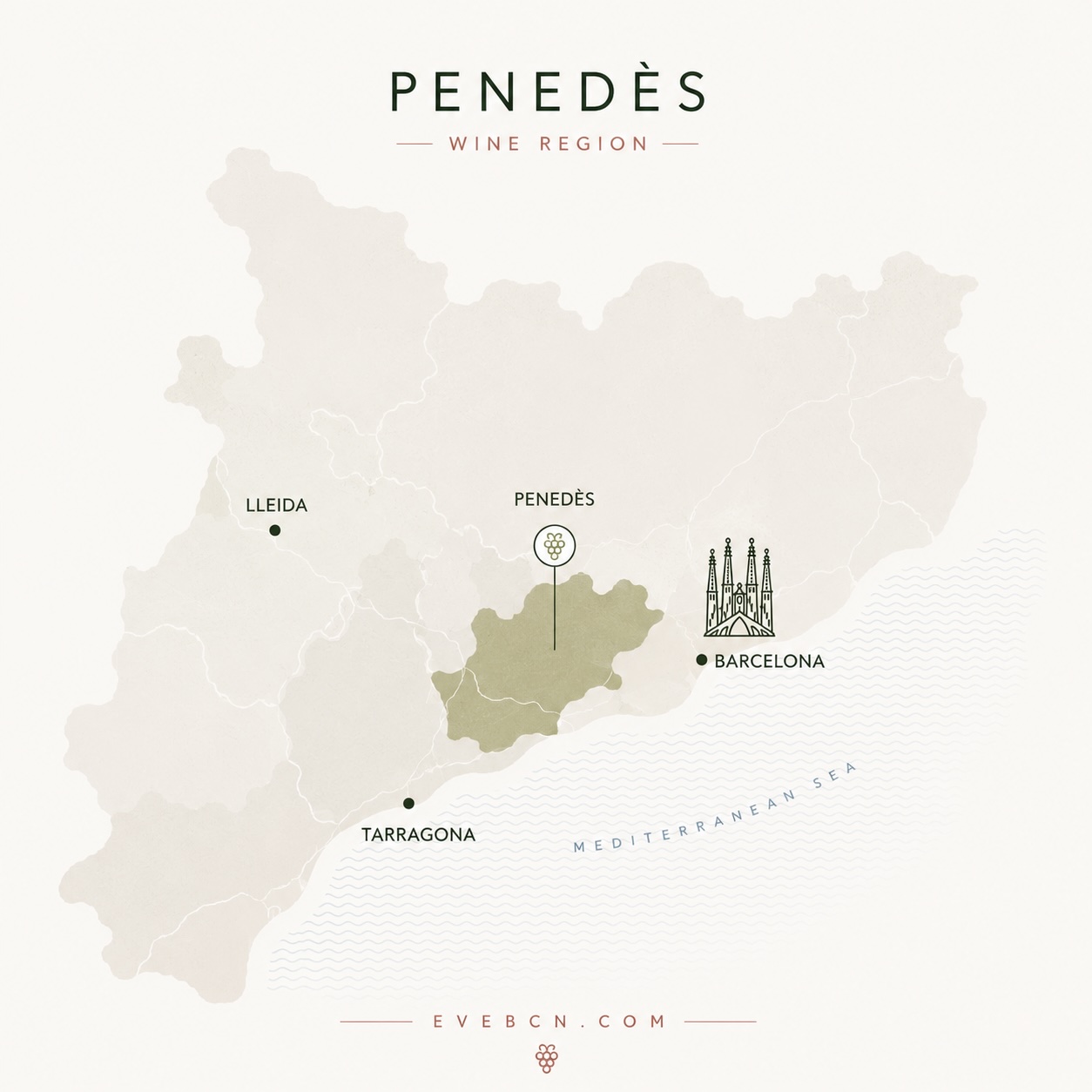 Map of the Penedès wine region near Barcelona showing Lleida, Tarragona and the Mediterranean coast