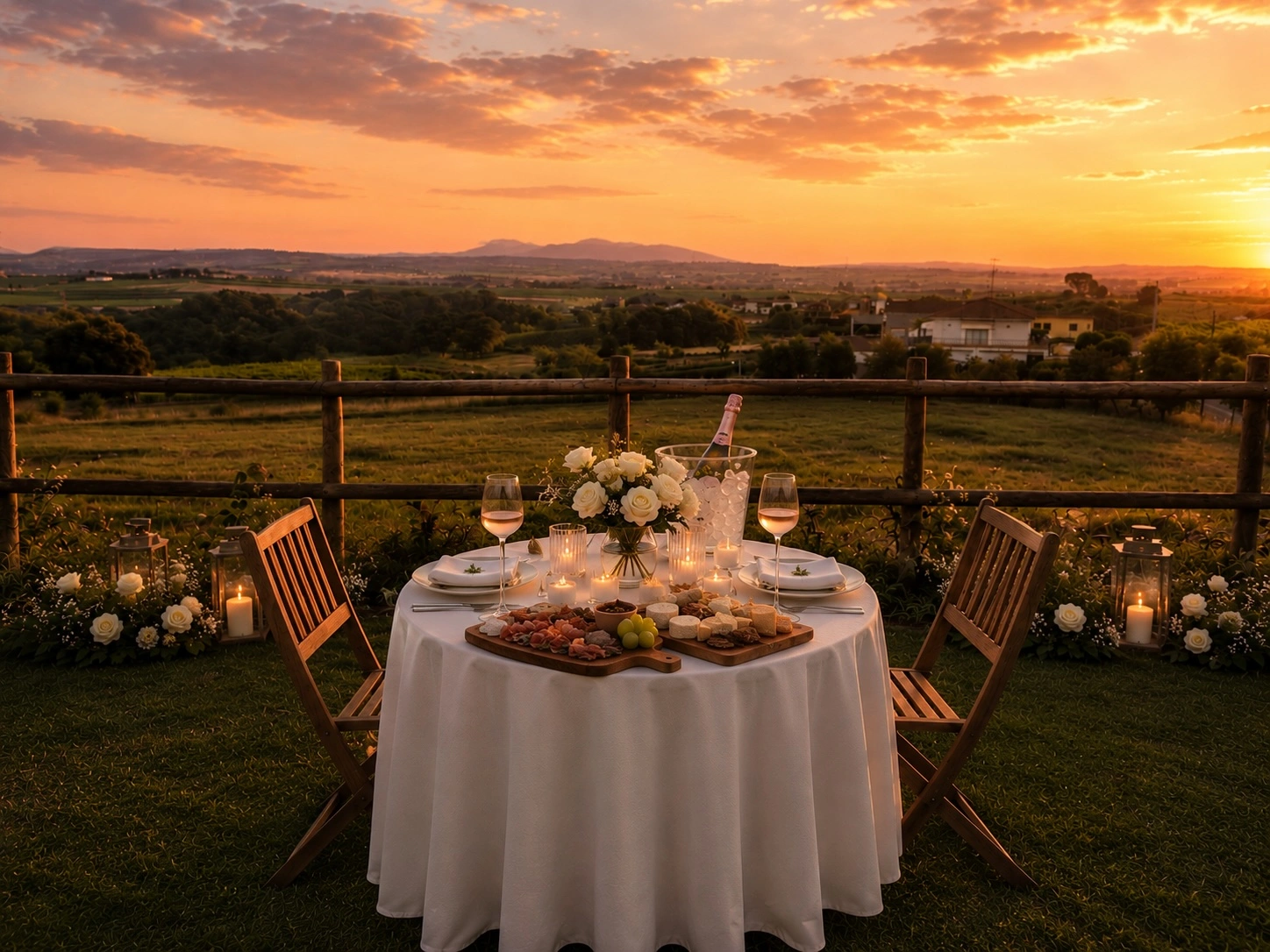 Private sunset proposal table set in a Penedès vineyard with Montserrat views