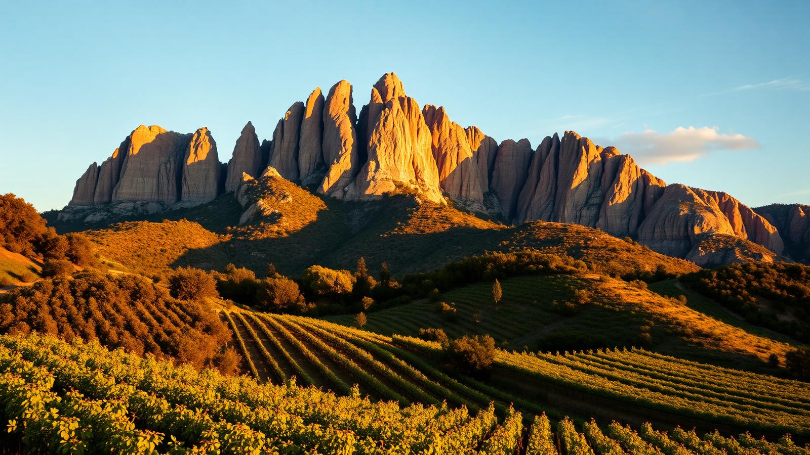 Iconic Montserrat mountain rising above Catalan vineyards at golden hour
