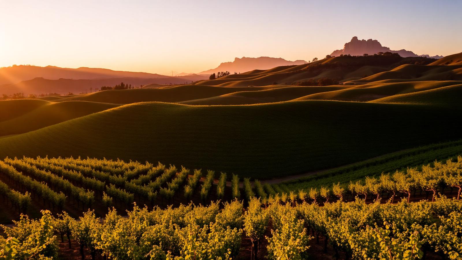 Rolling Penedès vineyards near Barcelona at golden hour with Montserrat in the distance