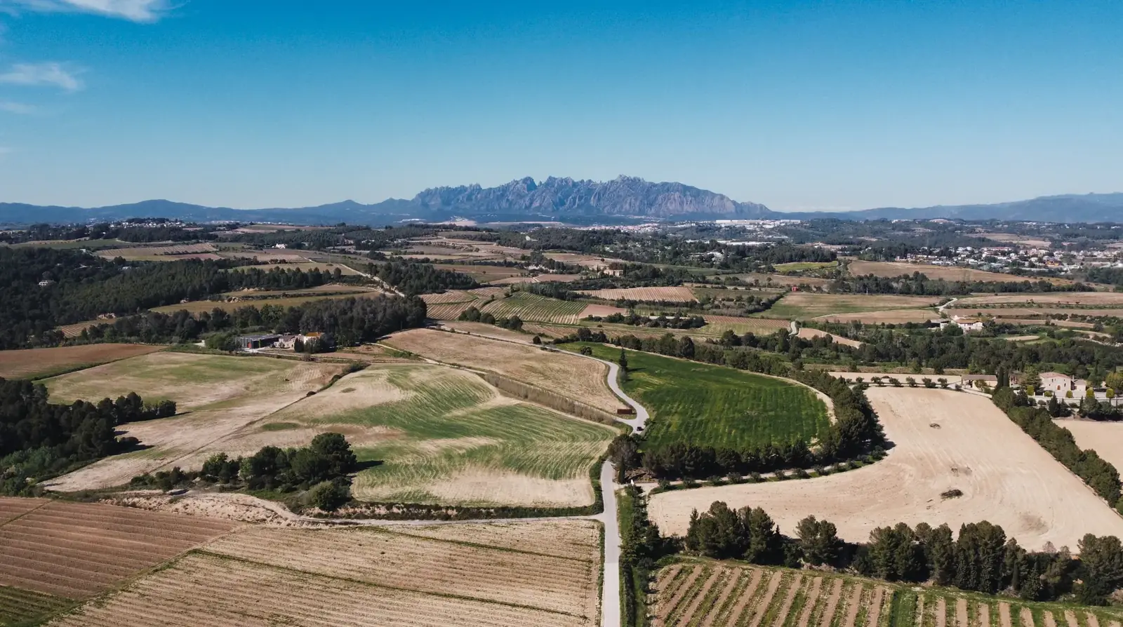 Aerial view of the Penedès countryside with Montserrat on the horizon