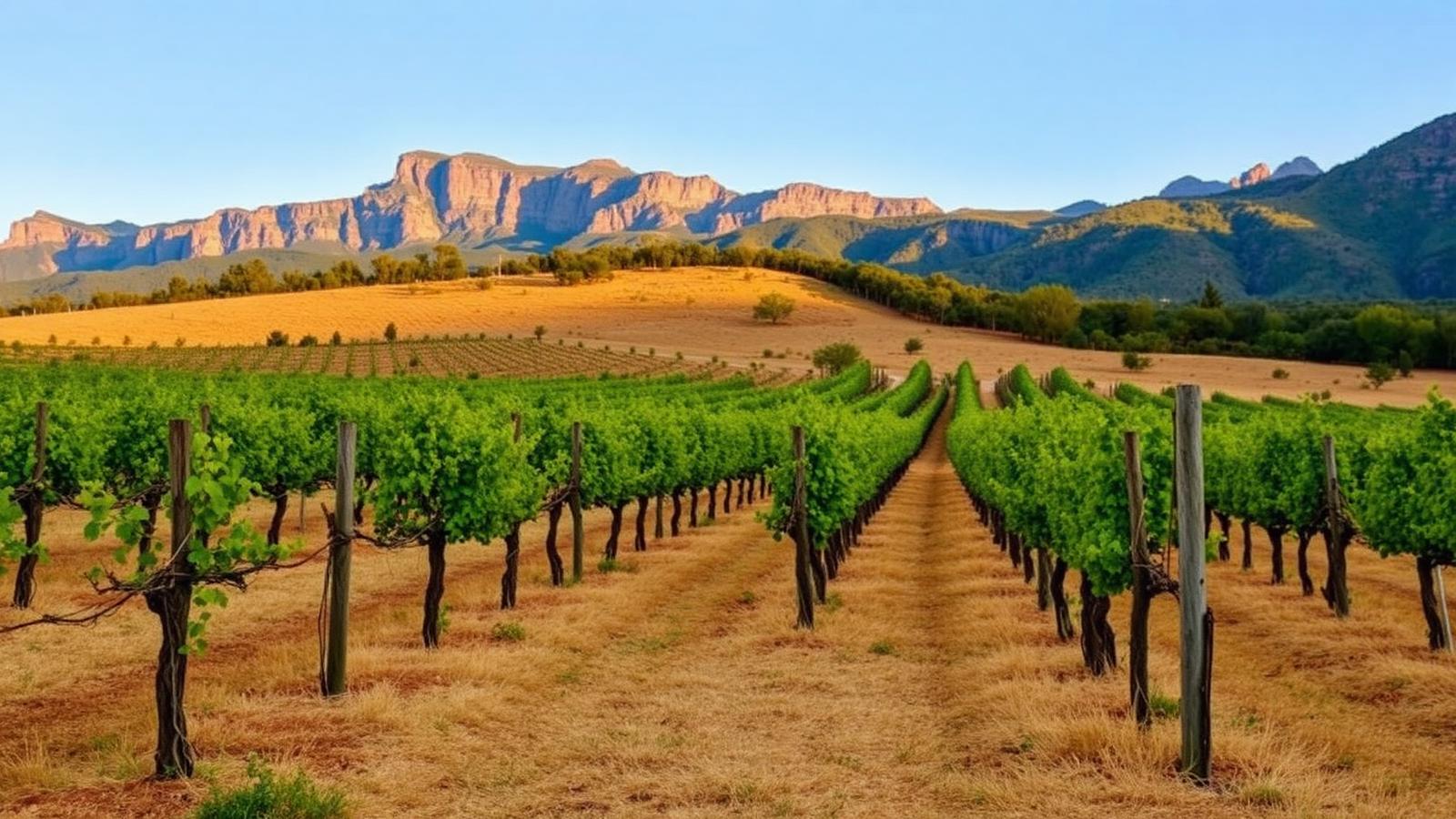 Quiet Pla de Bages vineyards with Montserrat mountains in the background