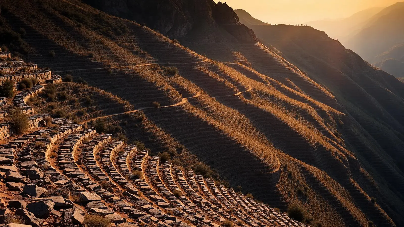 Dramatic terraced slate vineyards on steep mountain slopes in Priorat, Spain