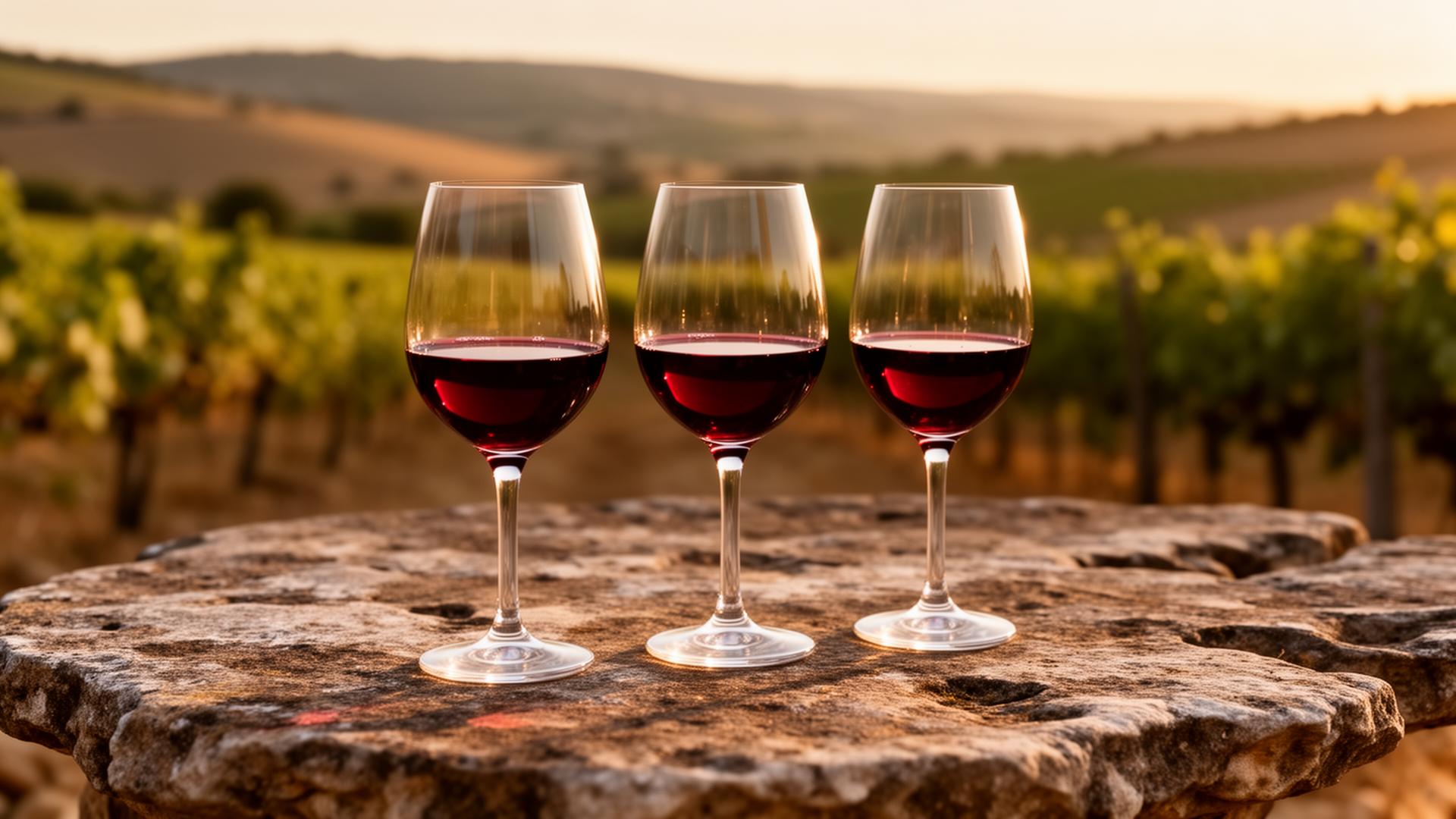 Three glasses of red Priorat wine on a stone table with vineyards behind