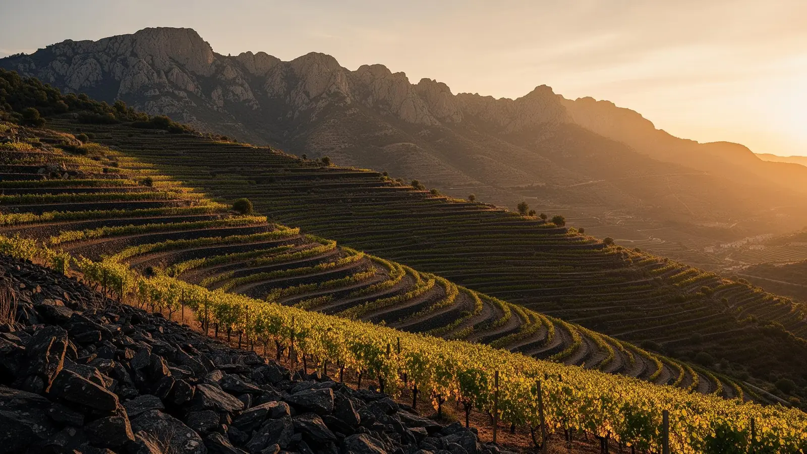 Terraced Priorat vineyards on llicorella slate soil at golden hour